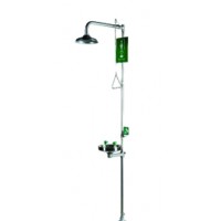 Chuveiro e lava-olhos de emergência em aço galvanizado com acionamento manual do chuveiro e do lava-olhos e fixação no piso.